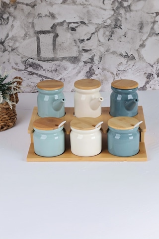 Arow Tr-3100 Carla Bambu Kapaklı Porselen 16 Parça Baharatlık Seti Çok Renkli