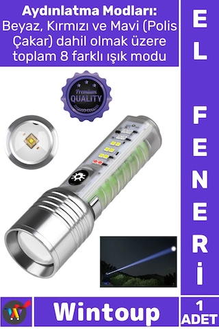 Elfeneri Mıknatıslı Oto Tg Led Güçlü 8 Modlu Type C 1000 Lümen Polis Çakarlı Şık Şarjlı El Feneri Çok Renkli