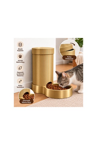 Kedi Ve Köpek Otomatik Mama Kabı Yerçekimli Mama Besleyici, Geniş Hazneli, Pratik Ve Modern Tasarım - Gold