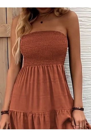 Kadın Straplez Göğüsten Lastikli Kloş Aerobin Uzun Elbise Turuncu