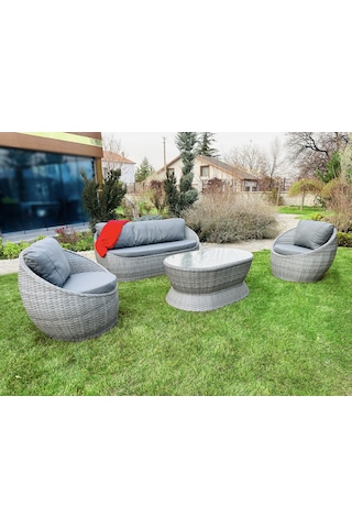 Monalin Home Garden Dubaı 5 Kişilik Ekstra Lüks Rattan El Örgü Oturma Grubu Minderli & Camlı & Masalı Oturma Grubu Gri