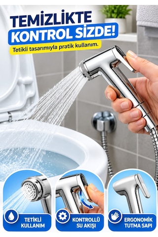 Krom Tabancalı Taharetmatik Taharet Musluğu Seti 100 Cm Spiral Çelik Hortumlu Duvar Askılı Wc Spreyi