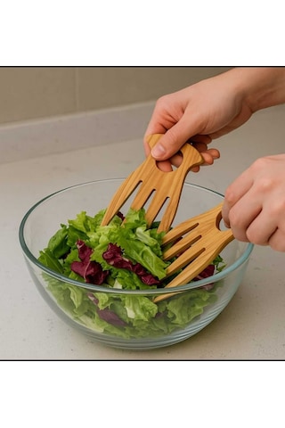 Zeytin Ağacı Salata Eli 2 Li Set Doğal Ahşap Salata Karıştırıcı El Yapımı Servis Maşası 15x9