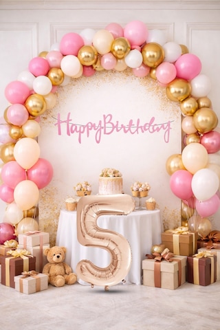 5 Yaş Pompa Hediyeli Doğum Günü Seti Banner Gold Pembe Kum Beji Beyaz Balonlar Rose Gold Rakam Çok Renkli