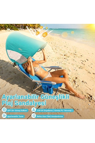 Wejoy Wavora B10 Plus Upf50+ Gölgelikli 4 Kademeli Katlanır Plaj Sandalyesi Cyan Turkuaz