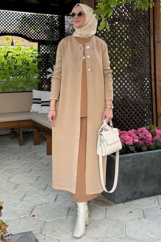 Sinem Çelik Örme Triko Hırka Bej Çok Renkli