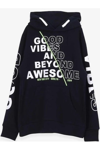Breeze Erkek Çocuk İçi Şardonlu Kapüşonlu Good Yazılı Sweatshirt-11500 Lacivert