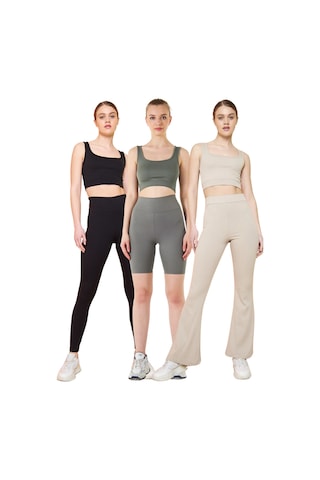 Fitilli Kare Yaka Esnek Örme Crop Büstiyer 3'lü Atlet Set Siyah - Haki - Bej