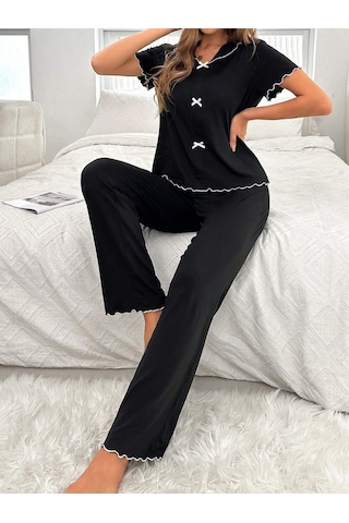 Bella Notte Pamuklu Siyah Fiyonk Detaylı Mevsimlik Pijama Takımı