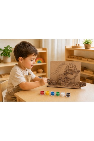 Yarış Arabaları Temalı Ahşap Boyama Seti 3d Geçmeli Mdf Araba Dekoru, 6 Renk Boya Ve Fırça Dahil