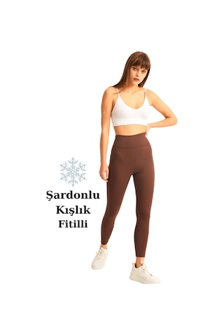Haki Yüksek Bel Fitilli Toparlayıcı İnterlok Örme Şardonlu Spor Kışlık Tayt Kahverengi