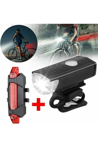 Su Geçirmez Usb Şarj Led Bisiklet Scooter Ön Far Arka Işık Lambası Işık Seti Bisiklet Far Kırmızı  - Siyah
