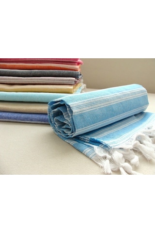 Mavi %80 Pamuk 175x96cm Peştemal Püsküllü Banyo Havlusu M1 Mavi