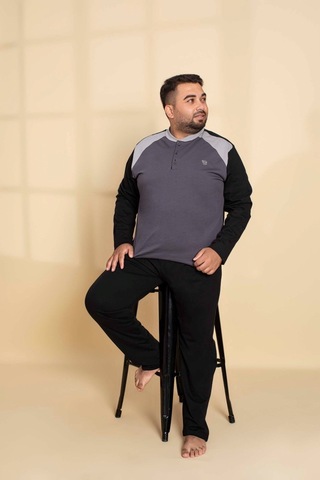 Erkek Büyük Battal Beden Desenli 3 Düğmeli %100 Pamuk Mevsimlik Uzun Kol Cepli Pijama Takımı Gri-siyah