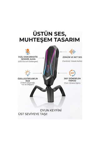 Podcast Yayıncı Mikrofonu Tak Çalıştır 7 Renk Rgb Işıklı Gürültü Engelleyici Kardioid Alıcı Mikrofon