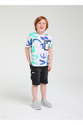 Escabel Erkek Çocuk Pamuklu Renkli Batik Yazılı Tshirt-12834-beyaz Beyaz