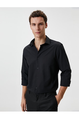 Koton Slim Fit Gömlek Yarım İtalyan Yaka Düğmeli Dokulu Siyah 4sam60015hw 4SAM60015HW999 Siyah