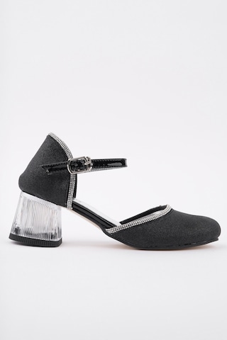 Muggo Else Bilekten Bağlamalı Simli Kız Çocuk Kısa Topuklu Ayakkabı Siyah