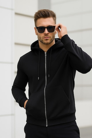 Rich Erkek Siyah Kapüşonlu Kanguru Cepli Fermuarlı Sweatshirt Siyah