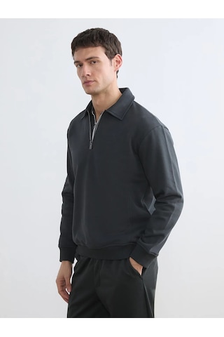 Lc Waikiki Antrasit Fermuar Kapamalı Polo Yaka Erkek Sweatshirt