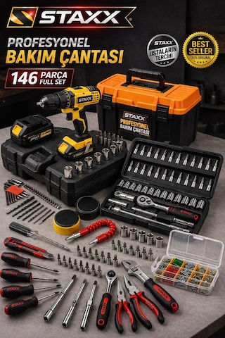 Staxx Stx146set 146parça Bakım Çantası Seti Akülü Matkaplı Lokma Tornavida Pense Full Usta Takım Set
