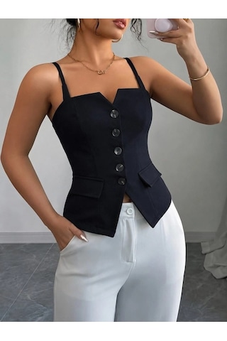 DefyModa Kadın Askılı Önü Döğmeli Atlas Bluz Siyah
