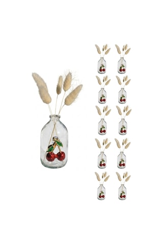 10 Adet Şeffaf Cam Mini Vazo Kiraz Dekorlu 9 Cm Kirazlı Dekoratif Minik Vazo Çiçeksiz