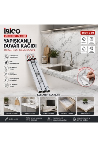 2mt X 60cm Beyaz Mermer Desenli Tezgah Üstü Folyo Sticker - Duvar Kağıt Kendinden Yapışkanlı - Eko Dekorasyon - Dayanıklı 5705