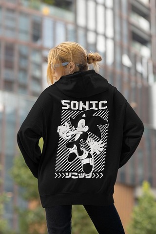 Sevbano Sonic Çizgi Film Baskılı Unisex Oversize Karakter Hoodie Siyah