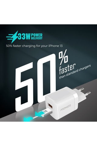 Promate PowerPort-33 33W,Type-C PD , USB Hızlı Şarj Cihazı Beyaz