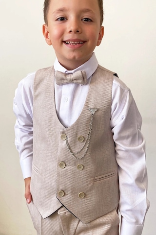Erkek Çocuk Takım Elbise Papyonlu Yelekli Takım Elbise Bej