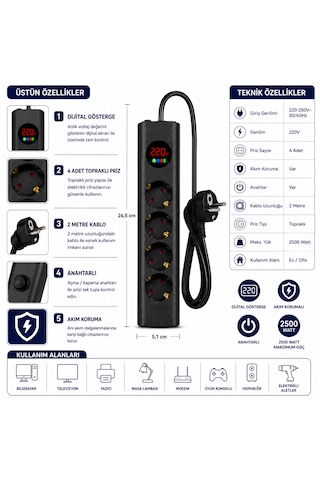 Sh-4635 4 Lü Akım Korumalı Priz Dijital Voltaj Göstergeli 2500w 2 Metre Kablolu Anahtarlı Topraklı Çoklu Grup Priz 2 M