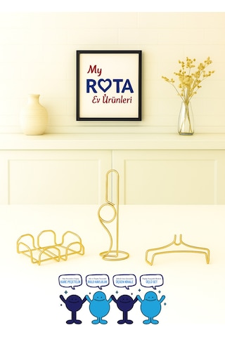 Servis Sunum Seti, Rota Kağıt Havluluk, Kare Peçetelik, Üçgen Nihale, Üçlü Set, Paslanmaz Çelik Tel Gold