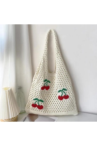 Kadınlar Büyük Kapasiteli Omuzdan Askili Çanta Sevimli Çilek Beyaz - Beyaz