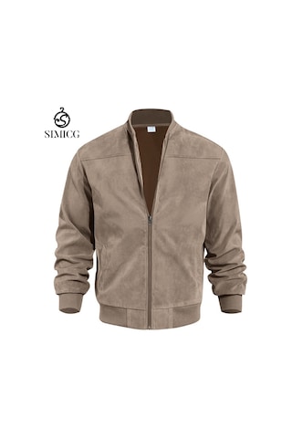 Sonbahar Süet Düz Renk Fermuarlı Hırka Vintage Uzun Kollu Erkek Ceket Kahverengi