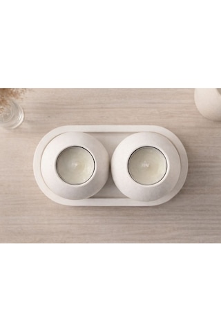 Altlıklı Minimal 2 Li Dekoratif Mumluk Seti İskandinav Tarz, Oval Tabaklı Beyaz