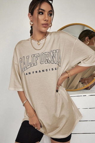 Unisex California Baskılı Tasarım Tshirt Bej