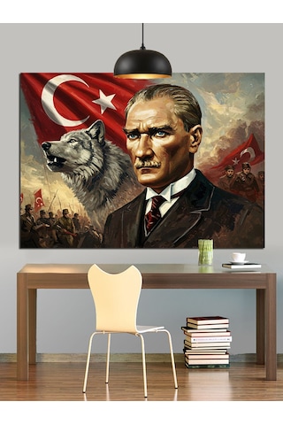 Atatürk Ve Kurt Resmi Dekoratif Kanvas - Mdf Ahşap Tablo