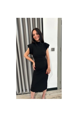Jenerik Siyah Vatkalı Dik Yaka Drapeli Midi Elbise Renksiz