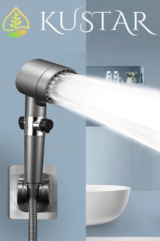 Kustar 3'lü Sabit Yüksek Basınçlı Masajlı Filtreli Aç Kapa Duş Başlığı Banyo Duş Seti Askı Ve Duş Hortumu Gri