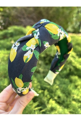 Kadın Kumaş Düğümlü Siyah Sarı Limon Desenli Yazlık Taç Siyah