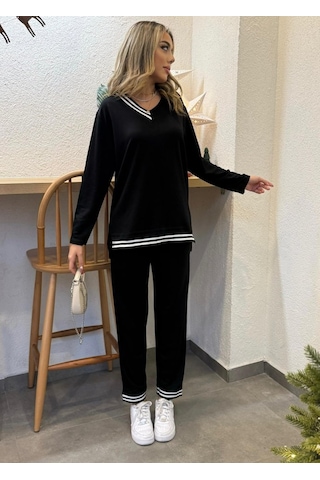 The İstanbul Kadın Yeni Sezon Uzun Kollu Ribana Detay Ikili Takım Siyah