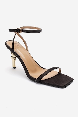 Luvishoes Sone Siyah Saten Gold Topuklu İnce Bantlı Kadın Topuklu Ayakkabı
