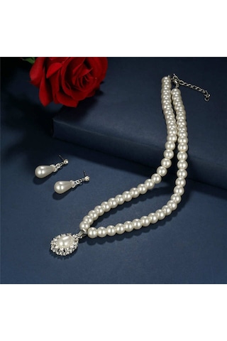 Trend Pırlanta İşlemeli İnci Takı Seti Sevgililer Günü