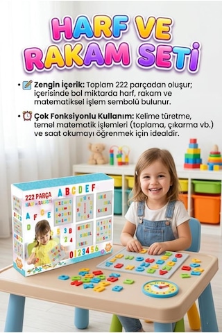 222 Parçalı Delikli Yazı Tahtalı İnovatif Harf Rakam Ve İşlem Sembollü Eğitici Oyuncak Seti