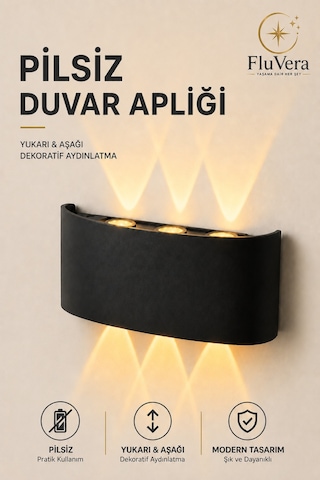 Pilsiz Amber 3 Led Siyah Duvar Apliği Yukarı Aşağı Işık Dekoratif Led Duvar Lambası Modern İç Dış Mekan Siyah
