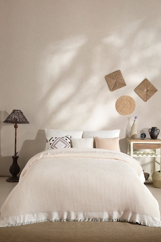 Elart Ruffle Pike Çift Kişilik 220x240 Cm Krem Krem