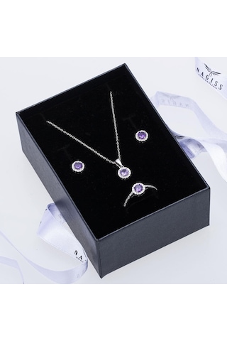 Mor Zirkon Taşlı 925 Ayar Gümüş Kadın Üçlü Tektaş Set