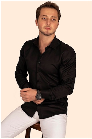 Siyah Armür Desenli Slimfit Erkek Gömlek Siyah