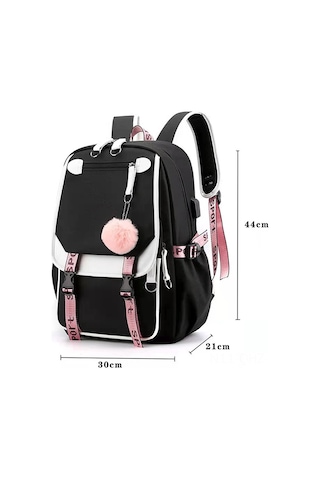 Aubyhe Ergen Kız Çanta Öğrenci Okul Çantası 35l 17" Siyah Usb Şarj Ve Kulaklık Girişi Dayanıklı Yumuşak Kumaş Siyah